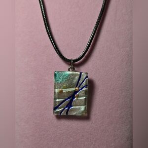 Elegant Handmade Rectangular Silvery Fused Dichroic Glass Pendant Necklace NWT